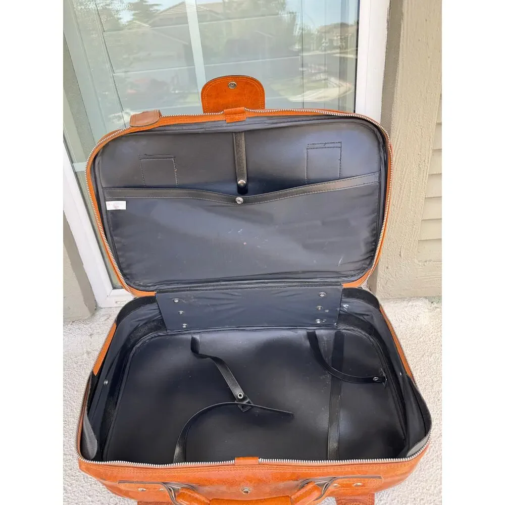 vintage 1970s tan faux-leather carry on suitcase luggage 70s jet set masculine